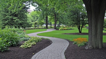 Fototapeta premium Winding brick path through lush green garden with flowering plants and trees.