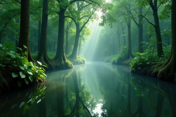 Obraz premium Misty water with green swamp trees in Florida, florida swamps, tropical plants