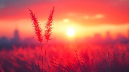 Naklejka premium Sunset over a tranquil field with grass. Warm colors fill the sky as the sun sets behind a peaceful field of grass, creating a serene atmosphere.