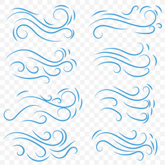 Wind icon set in blue design. Vector line art illustration isolated on Transparent background. Eps 10.
