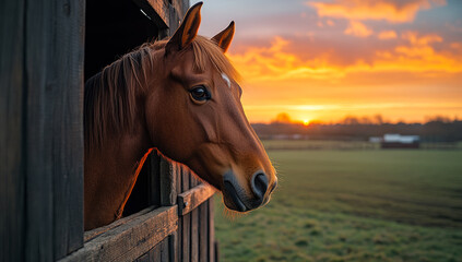 Obraz premium Horse gazes at sunset from barn window. A horse stands quietly at a barn window, watching the vibrant sunset over the fields in the evening light.