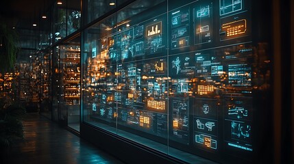 Obraz premium Online storefront illuminated with technology inspired logistics icons and retail elements