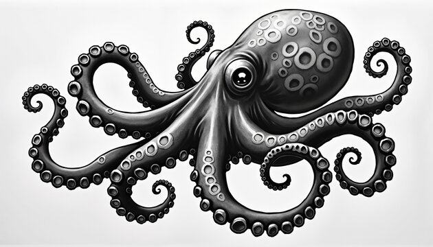 Octopus illustration in monochrome style with detailed tentacles and copy space.