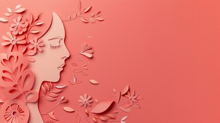 Beautiful Paper Art-Style Illustration of Woman's Face with Flowers and Leaves on Pink Background with Copy Space for Text, High-Resolution and Colorful Design