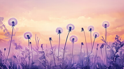 Fototapeta premium A dreamy meadow filled with blooming wildflowers in soft pastel shades of pink, white, and purple, bathed in the golden glow of the sun. Beautiful nature background.