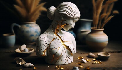 Kintsugi Elegance &ndash; Porcelain Bust with Golden Cracks in a Rustic Setting