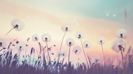 A dreamy meadow filled with blooming wildflowers in soft pastel shades of pink, white, and purple, bathed in the golden glow of the sun. Beautiful nature background.