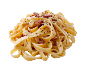 Creamy pasta carbonara with bacon and cheese on transparency background
