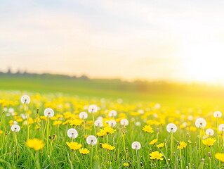 Fototapeta premium A dreamy meadow filled with blooming wildflowers in soft pastel shades of pink, white, and purple, bathed in the golden glow of the sun. Beautiful nature background.