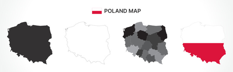 Detailed Poland Map Collection with Outline, Silhouette, Voivodeships, and Flag Overlay Variations