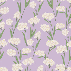 Seamless pattern with white floral branches and leaves. Vector flat background with forget me not flowers. Spring botanical illustration