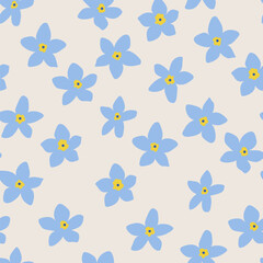 Botanical seamless pattern with blue flowers of forget me nots. Vector flat background of small buds