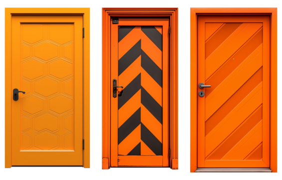 Three vibrant orange doors with unique patterns, including honeycomb, chevron, and diagonal designs