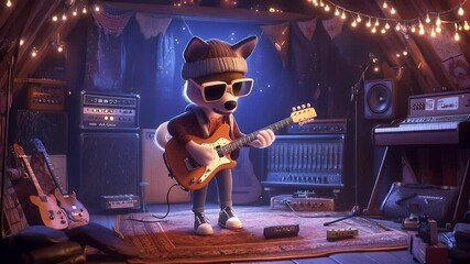 A stylish fox musician wearing sunglasses and a beanie plays an electric guitar in a cozy attic studio with warm string lights. Perfect for indie, rock, blues, and animated music visuals - Powered by Adobe