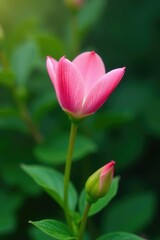 Naklejka premium single pink bloom on a verdant stem amidst foliage, nature, botanicals