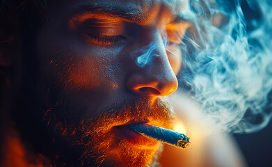 Fototapeta premium Man exhaling smoke in dimly lit room. A man with a beard quietly exhales smoke while holding a rolled paper, illuminated by warm light.