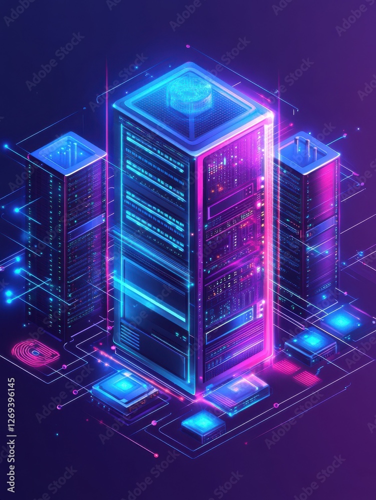 Poster an isometric view showcases a server room and big data processing concept featuring a datacenter and