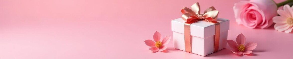 Obraz premium Small gift box with pink background, white rose gold bow on top, flowers, rose gold
