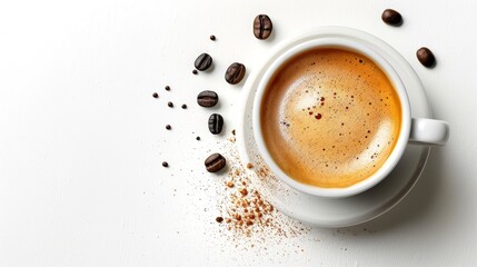 Fototapeta premium A steaming cup of coffee surrounded by coffee beans and grounds on a white surface, evoking warmth and energy.