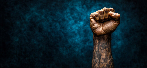 Raised fist symbolizes defiance. A strong, tattooed hand raises a fist against a blue mist background, conveying strength and unity in expression.