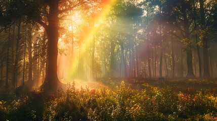 Fototapeta premium Enchanted Forest Under a Dreamy Rainbow: A Magical Background Image Featuring Lush Greenery, Vibrant Colors, and Ethereal Light Effects – Perfect for Fantasy Art, Nature-Inspired Design, and Outdoor A