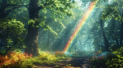 Obraz premium Enchanted Forest Under a Dreamy Rainbow: A Magical Background Image Featuring Lush Greenery, Vibrant Colors, and Ethereal Light Effects – Perfect for Fantasy Art, Nature-Inspired Design, and Outdoor A