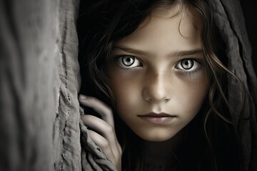 Fototapeta premium Child with Eerie Eyes: A young girl with piercing white eyes, peering out from behind a textured wall, creates a sense of intrigue and mystery.