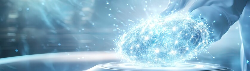 A futuristic hand interacts with a glowing, sparkling orb, symbolizing technology and innovation in a vibrant, digital atmosphere.