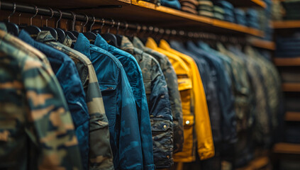 Obraz premium Chic jackets in store display. Various jackets in different colors and styles hang in a retail store, showcasing current fashion trends.