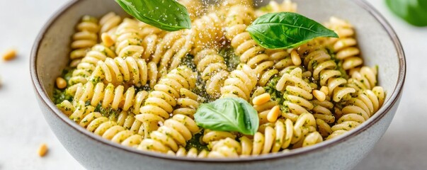 A vibrant bowl of fusilli pasta garnished with fresh basil leaves and sprinkled with seasoning, showcasing a delicious and inviting meal.