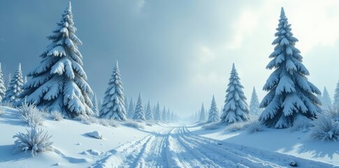 Fototapeta premium Snow-covered trees in a post-apocalyptic wasteland, bleak, frozen, trees