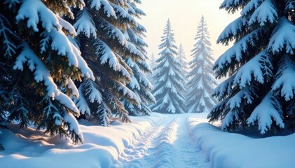Snow-covered trees with sparkling snowflakes in the air, snowflakes, frosty leaves, frozen forest