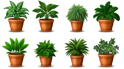 Obraz premium A set of eight vector illustrations showcasing different potted plants, each with varying leaf shapes and textures, arranged in a grid format with