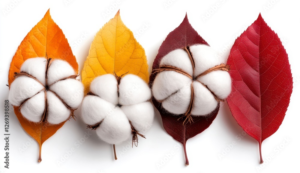 Wall mural Autumnal still life featuring four cotton bolls nestled amongst vibrant fall leaves in shades of red, orange, and yellow against a clean white