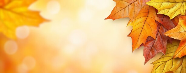 Fototapeta premium Close up view of colorful leaves displaying shades of gold, orange, and red against a blurred background of warm yellow and orange tones. The leaves