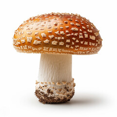 Obraz premium A vibrant, detailed mushroom with a distinct orange cap and white speckles, standing tall on a neutral background.