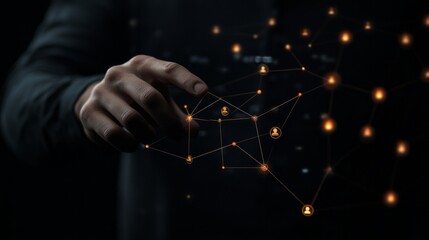 Hand interacting with abstract digital network interface display