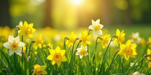 Obraz premium Sunny meadow with blooming daffodils and narcissus flowers, apricot, meadow