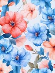 elegant and vibrant floral pattern with pastel blue, pink, and red flowers on a white background