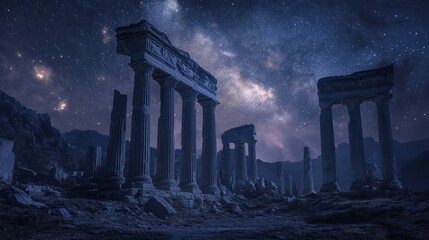 Fototapeta premium Ancient ruins under starry night sky, mountains background, travel photography