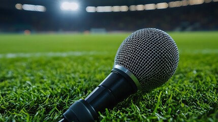 Microphone Resting on Vibrant Green Grass Field Ready for Audio Recording at Sports Stadium