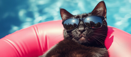 Relaxing Black Cat in Sunglasses on Inflatable Swim Ring in the Pool