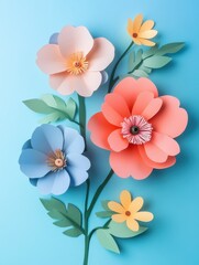 Paper spring flowers on pastel blue background . Abstract natural floral layout
