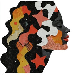 Abstract Collage Portrait of a Woman's Profile with Stars and Geometric Shapes
