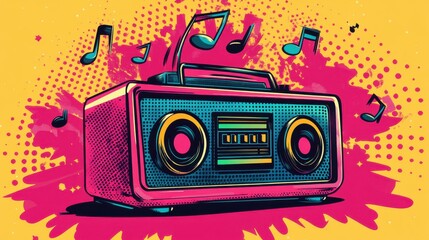 Fototapeta premium Retro Boombox Blasting Music Notes, Pop Art Style, Graphic Design, Vibrant Environment, Eye-Catching Viewpoint