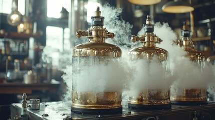 Cryogenic tanks steaming in vintage lab