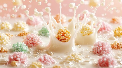Colorful cereal pieces create splashes in creamy milk during morning breakfast time