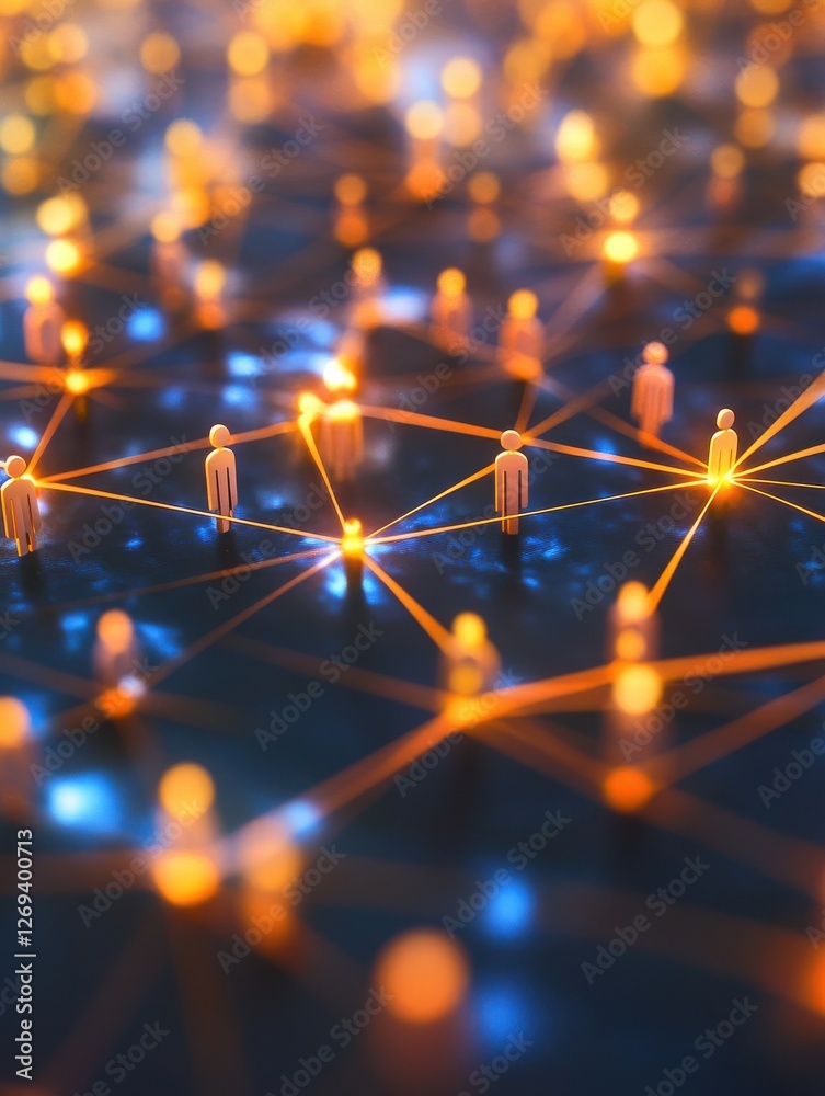 Poster the image displays an abstract networking concept where people are clustered and linked by illuminat