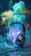 Fototapeta premium Colorful explosion surrounds modern headphones creating a vibrant artistic display