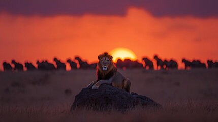 Majestic lion at sunset, overlooking wildebeest herd.